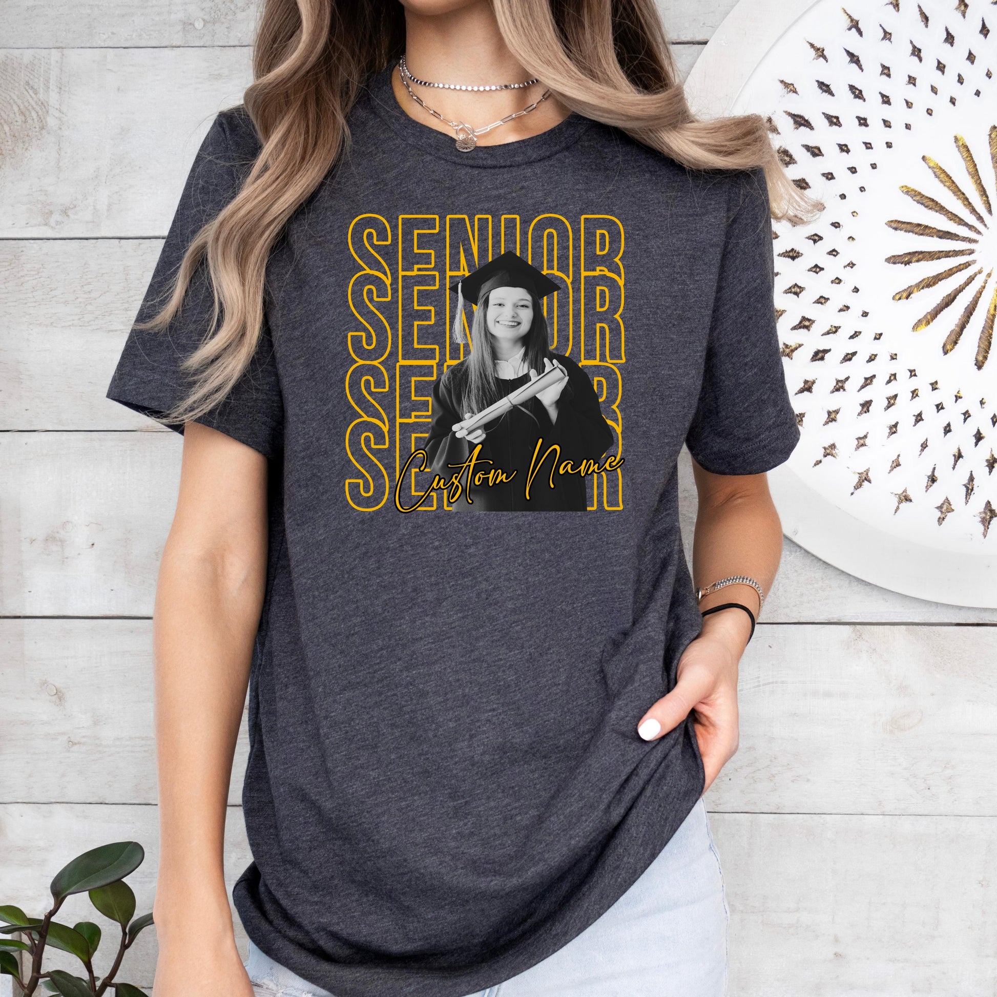 Custom senior shirt with black and white graduation photo, yellow senior text design and personalized name, Bella Canvas unisex t-shirt for Class of 2026