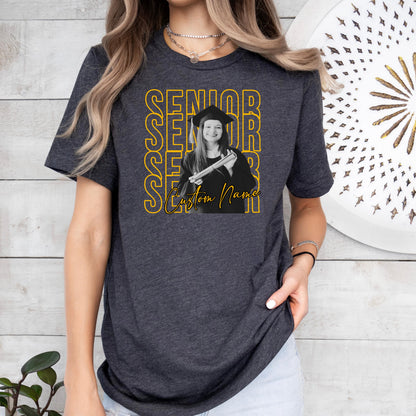 Custom senior shirt with black and white graduation photo, yellow senior text design and personalized name, Bella Canvas unisex t-shirt for Class of 2026