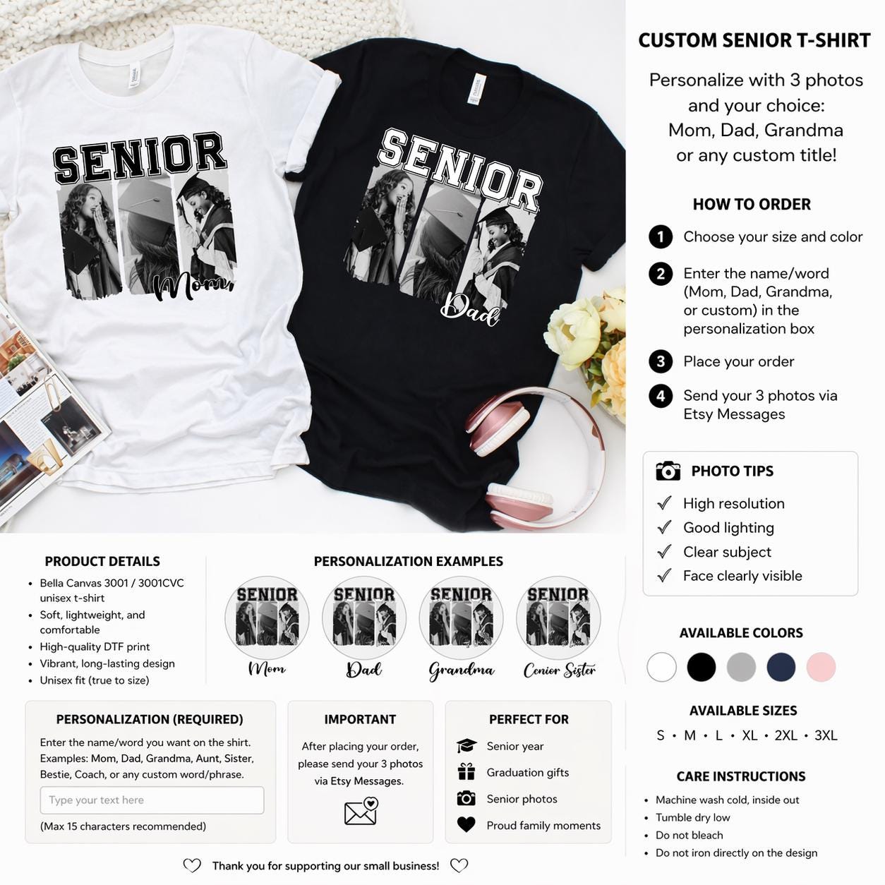 Custom Senior Photo Collage Tee, Personalized Graduation Shirt for Mom Dad Grandma, Class of 2026 Senior Family Shirt