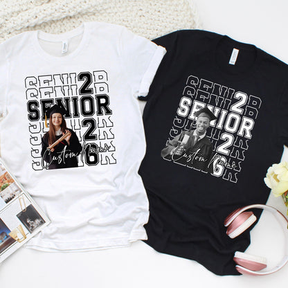 Custom senior shirt with photo and name, stacked senior design, available in black and white or color photo, Bella Canvas unisex graduation t-shirt