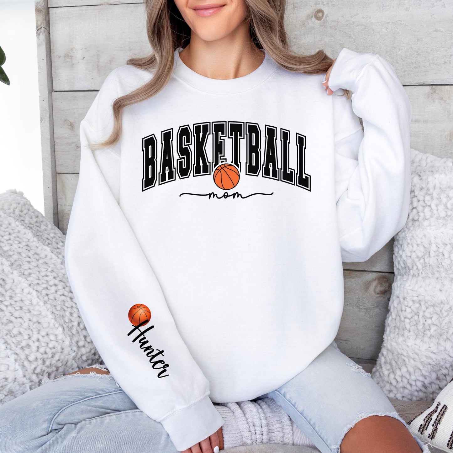 Personalized Basketball Mom Sweatshirt, Custom Sleeve Name, Game Day Crewneck, Sports Mom Shirt
