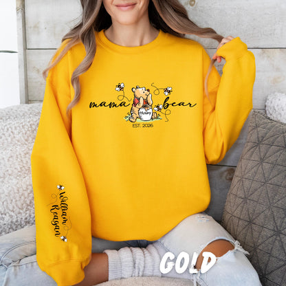Personalized Mama Bear Sweatshirt with Custom Names on Sleeve - Winnie the Pooh Sweatshirt - Unisex Cotton Blend Sweater
