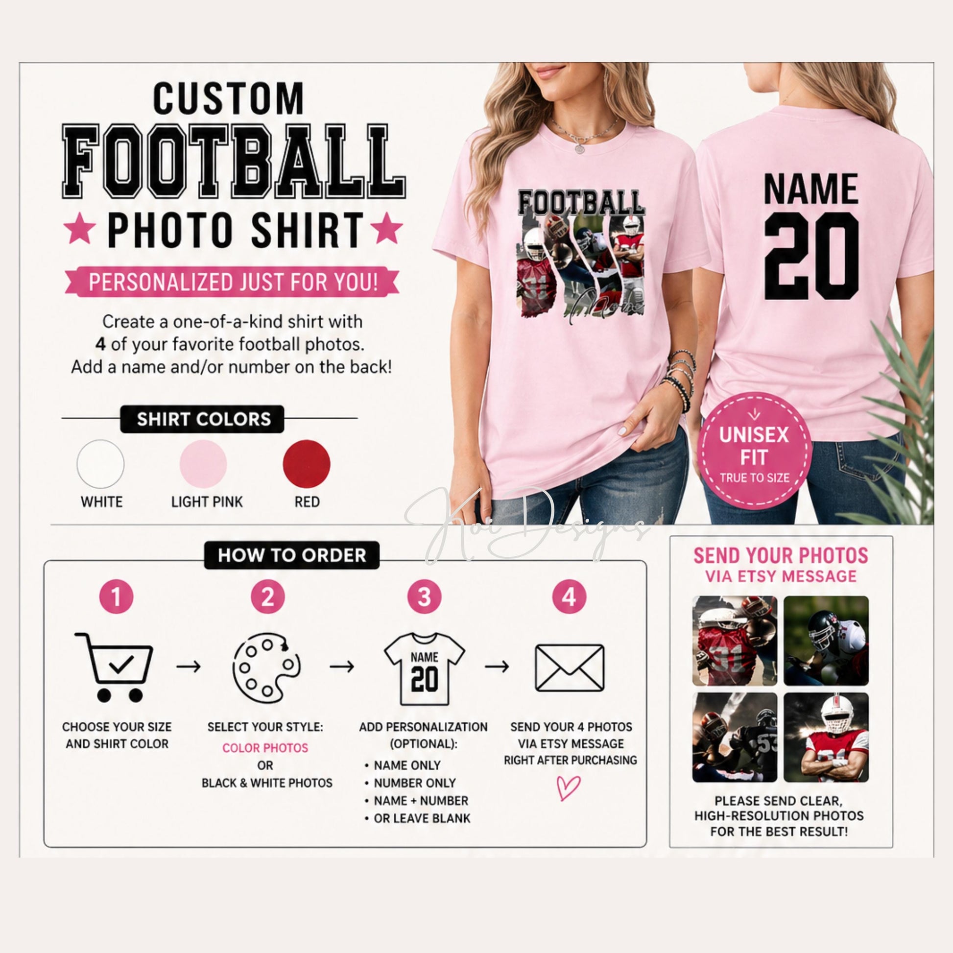 Custom Football Photo Shirt, Personalized Sports Shirt with 4 Photos, Custom Name & Number Shirt, Unisex Football Tee, Sports Mom Gift