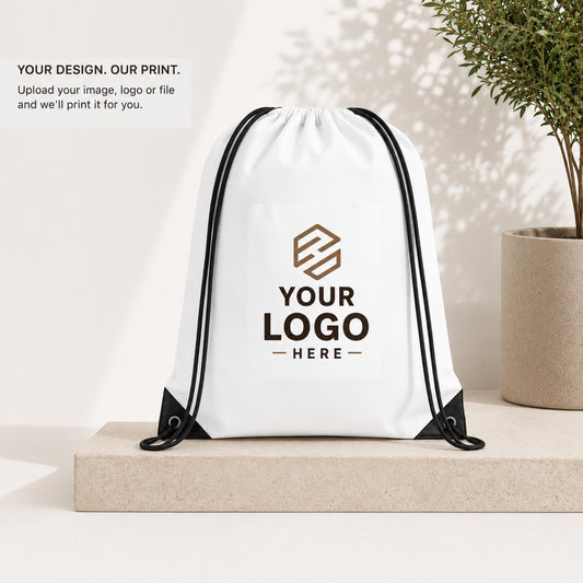 Custom white drawstring backpack with personalized logo printing for businesses and events.