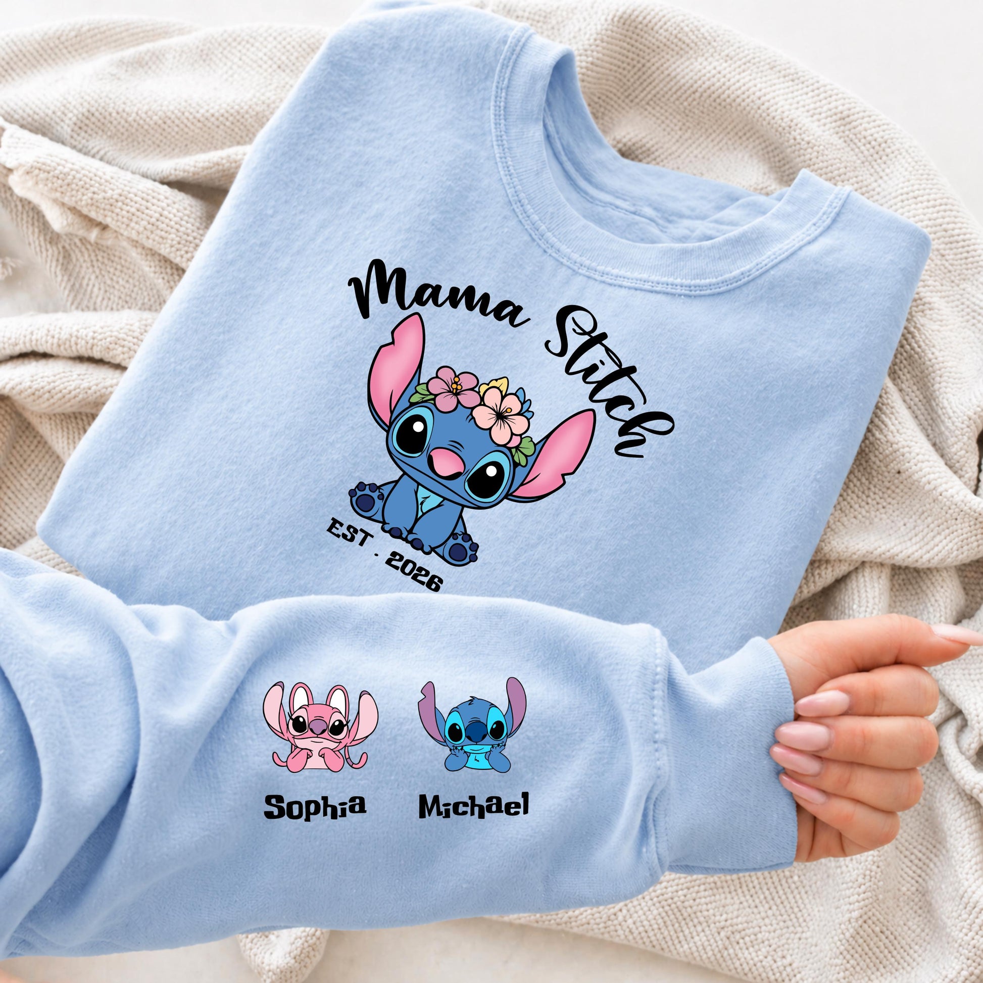 Custom mama Stitch Sweatshirt – Personalized Mom Crewneck, Custom Sleeve Names Hoddie