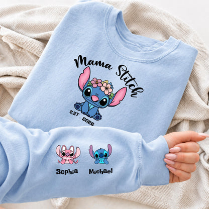 Custom mama Stitch Sweatshirt – Personalized Mom Crewneck, Custom Sleeve Names Hoddie