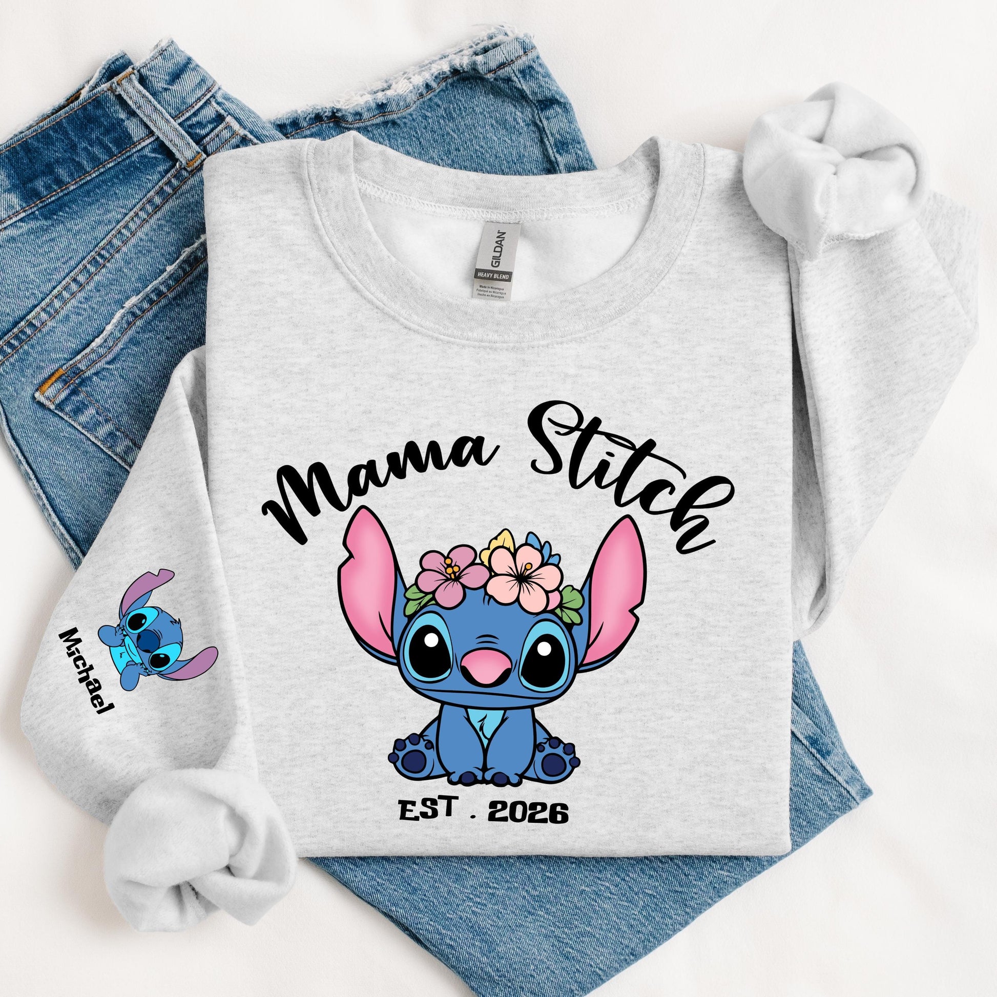 Custom mama Stitch Sweatshirt – Personalized Mom Crewneck, Custom Sleeve Names Hoddie