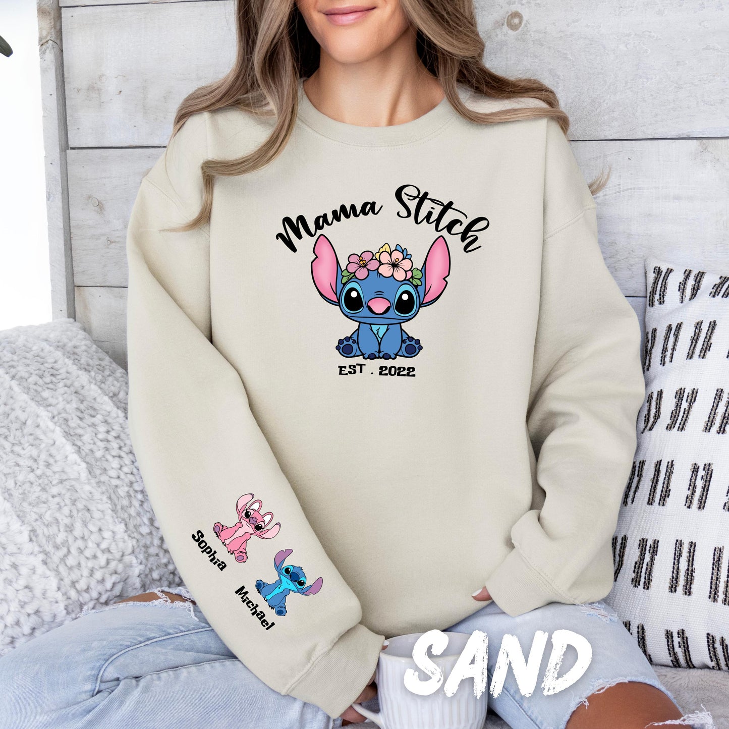 Custom mama Stitch Sweatshirt – Personalized Mom Crewneck, Custom Sleeve Names Hoddie