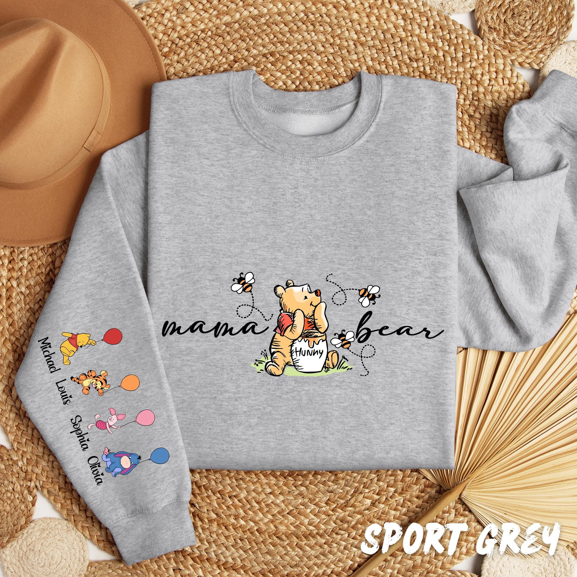 Custom Mama Bear Sweatshirt – Winnie the Pooh Mom Crewneck, Custom Sleeve Names Hoodie