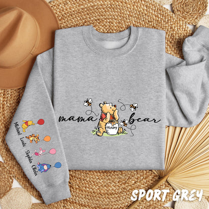 Custom Mama Bear Sweatshirt – Winnie the Pooh Mom Crewneck, Custom Sleeve Names Hoodie