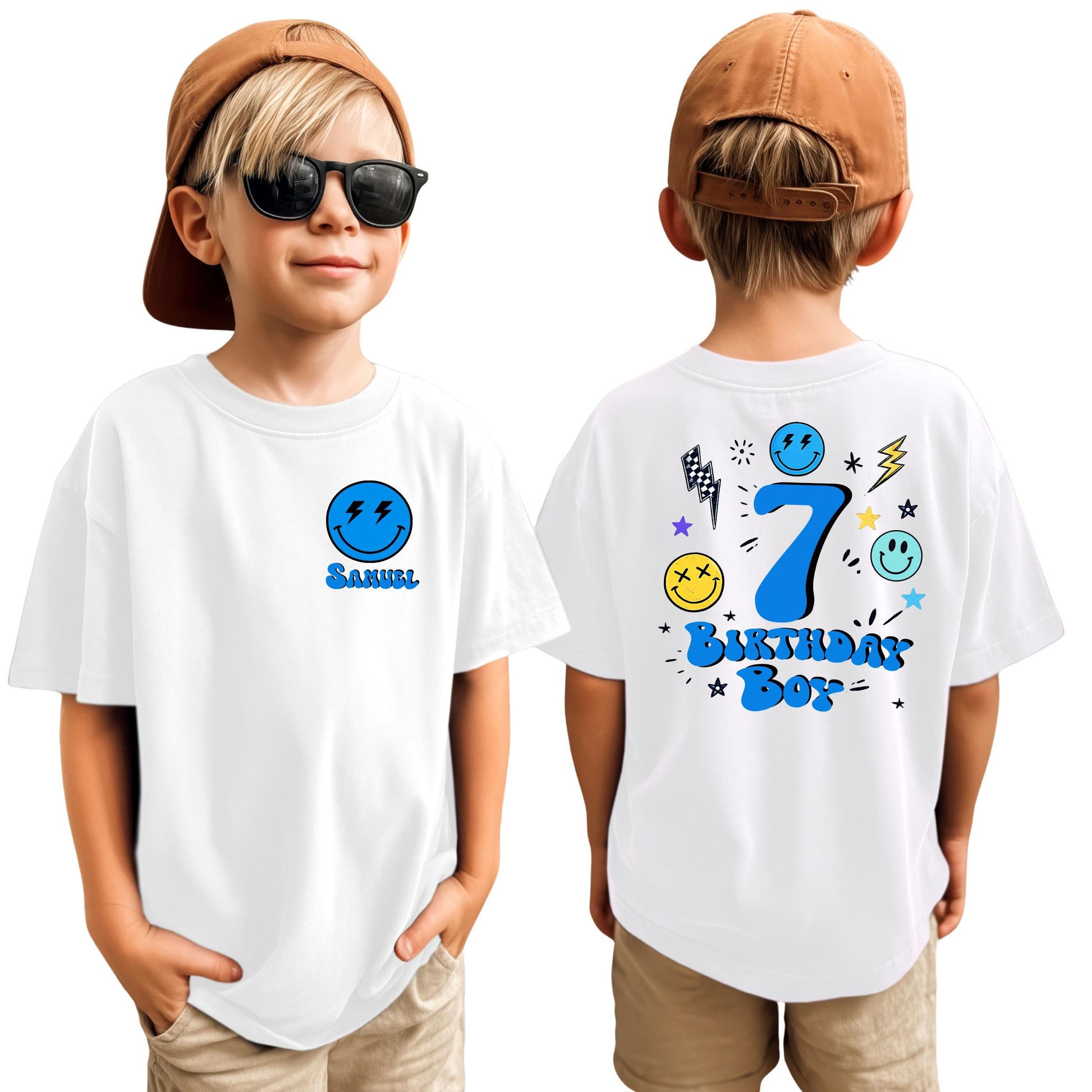 Custom birthday boy shirt with name on front and age on back, blue smiley face design, personalized kids and unisex t-shirt for birthday party