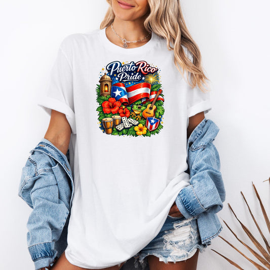 Puerto Rico Pride shirt featuring Puerto Rican flag, coqui frog, hibiscus flowers, El Morro fort, dominoes, and fireworks design on white and black t-shirts.