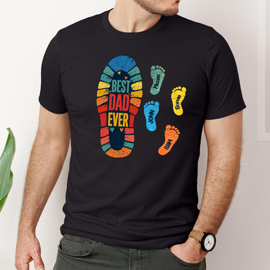 Personalized best dad ever shirt with colorful footprint design and custom kids names, custom fathers day gift t-shirt Bella Canvas unisex