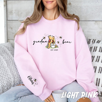 Personalized Grandma Bear Sweatshirt - Custom Crewneck Grandkids' Names on Sleeve, Mama Bear Crewneck, Unisex Cotton Blend Grandma Gift