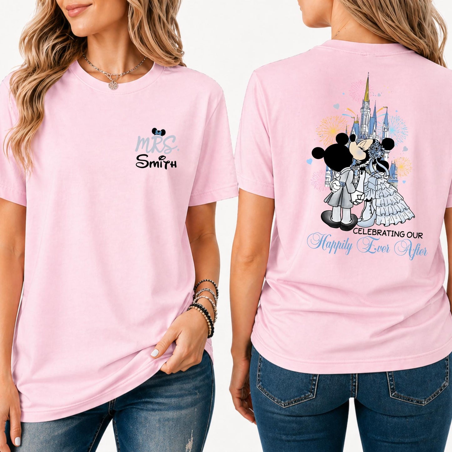 Personalized Mouse and Friends Bride Shirt, Couple Matching T-Shirt, Wedding Anniversary Gift, Happily Ever Sweatshirt