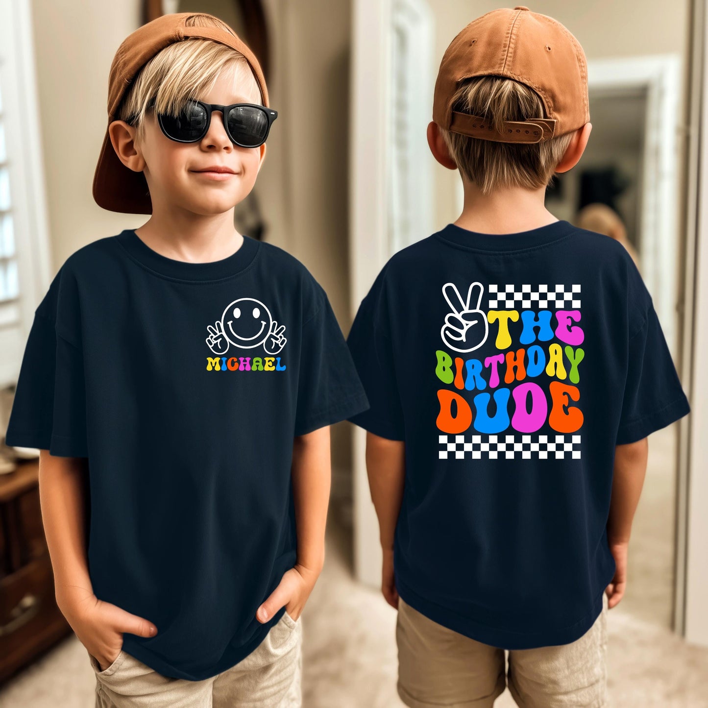 Retro Birthday Dude Shirt | Custom Smiley Face Tee, Peace Sign Name
