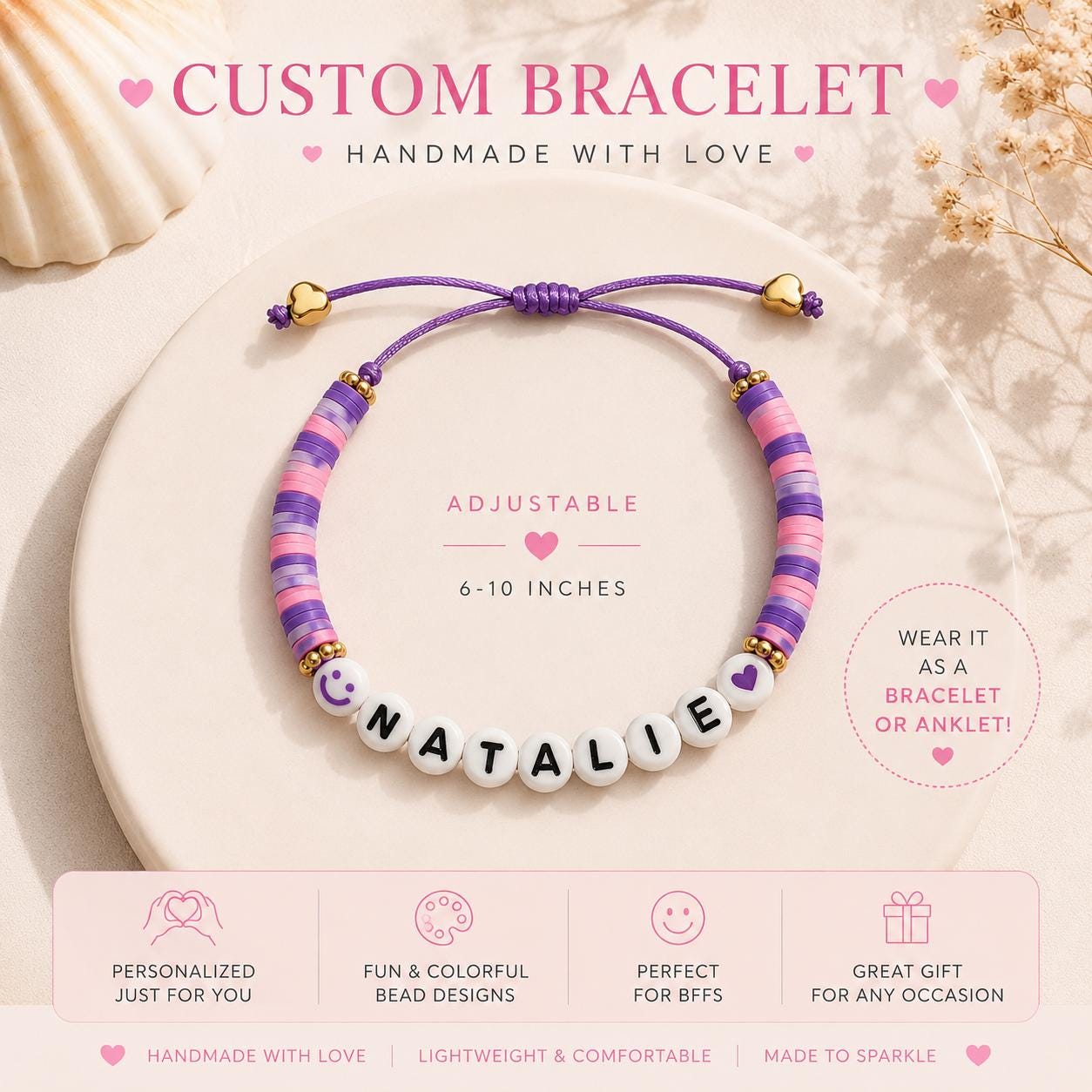 Personalized Friendship Bracelet for Girls | Custom Name Bracelet | Adjustable Kids Bracelet Anklet | Best Friend Gift for Teens & Tweens