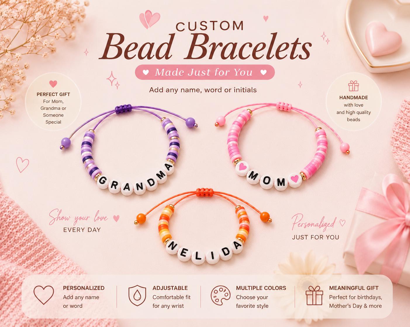 Custom Name Bracelet for Women, Personalized Bead Bracelet, Mom Gift, Grandma Gift, Adjustable Friendship Bracelet.