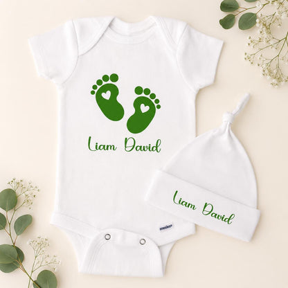 Personalized Baby Footprint Onesie & Hat Set, Custom Newborn Outfit 0-3 Months, Baby Name Bodysuit, Baby Shower Gift