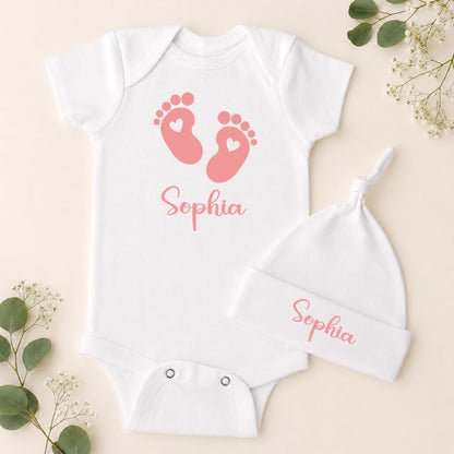 Personalized Baby Girl Footprint Onesie & Hat Set, Custom Newborn Outfit 0-3 Months, Baby Name Bodysuit, Baby Shower Gift