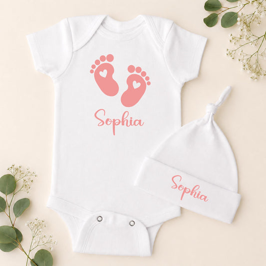 Personalized Baby Girl Footprint Onesie & Hat Set, Custom Newborn Outfit 0-3 Months, Baby Name Bodysuit, Baby Shower Gift