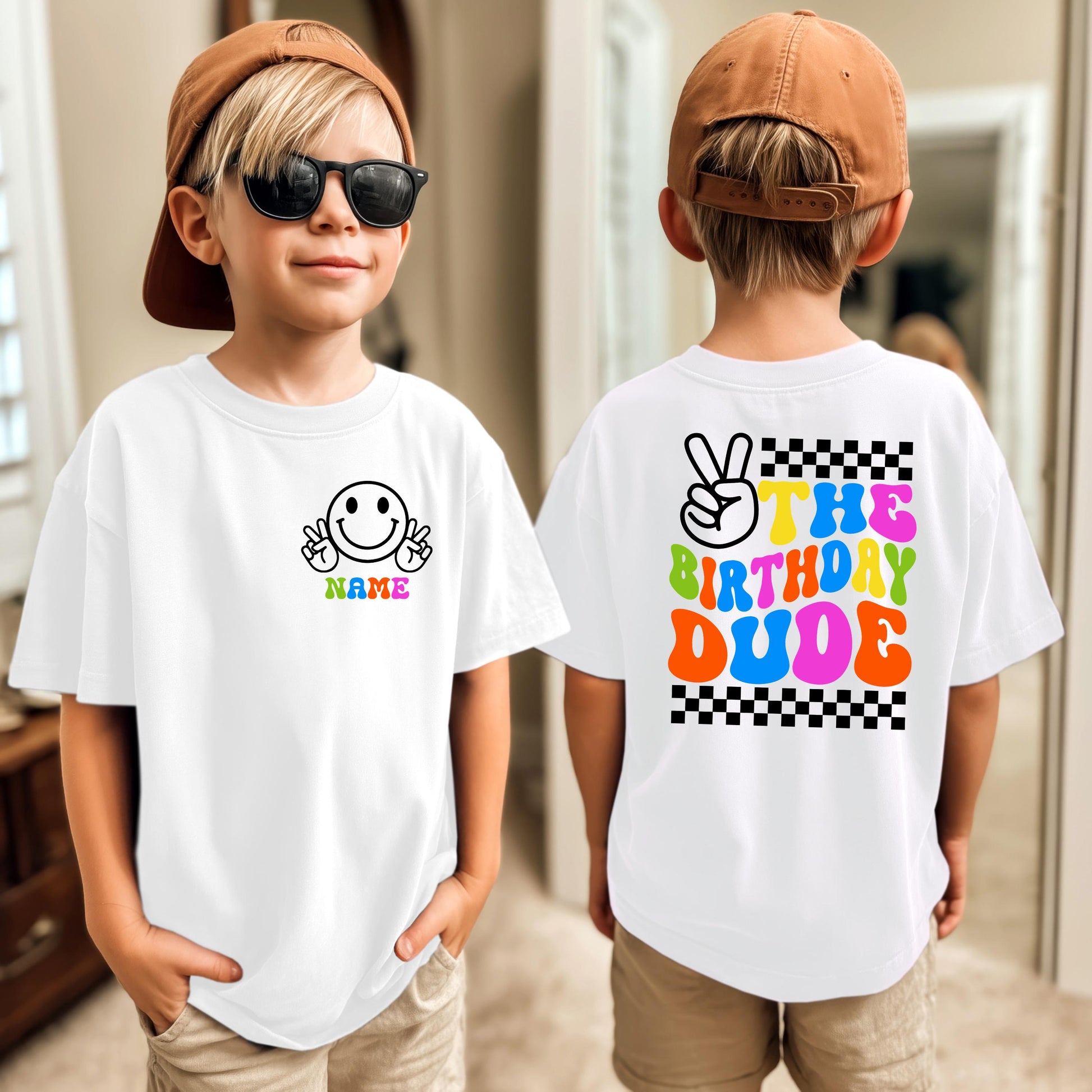 Retro Birthday Dude Shirt | Custom Smiley Face Tee, Peace Sign Name