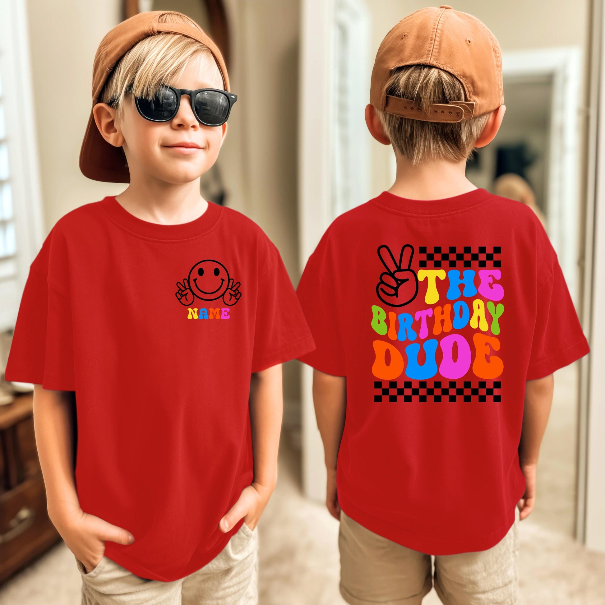 Retro Birthday Dude Shirt | Custom Smiley Face Tee, Peace Sign Name