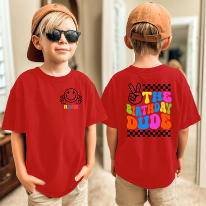 Retro Birthday Dude Shirt | Custom Smiley Face Tee, Peace Sign Name