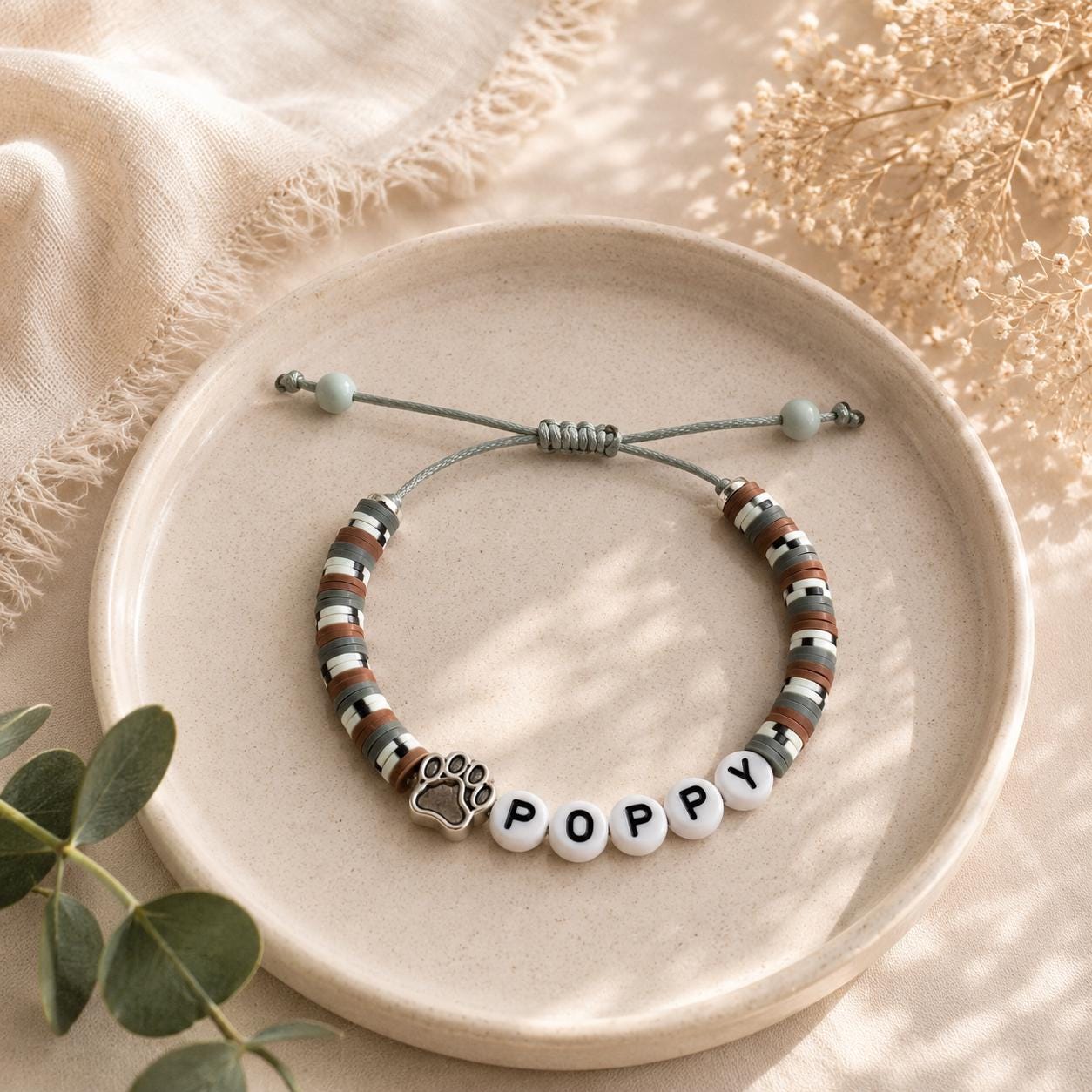Pet Name Bracelet | Dog Mom Bracelet | Custom Name Memorial Bracelet | Paw Print Friendship Bracelet | Adjustable Handmade Pet Lover Gift