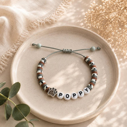 Pet Name Bracelet | Dog Mom Bracelet | Custom Name Memorial Bracelet | Paw Print Friendship Bracelet | Adjustable Handmade Pet Lover Gift