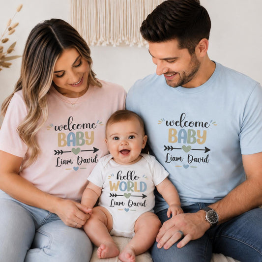 Matching Welcome Baby Shirt | Newborn Arrival Outfit | Baby Announcement Shirts for Mom Dad and Baby | Gender Reveal Gift