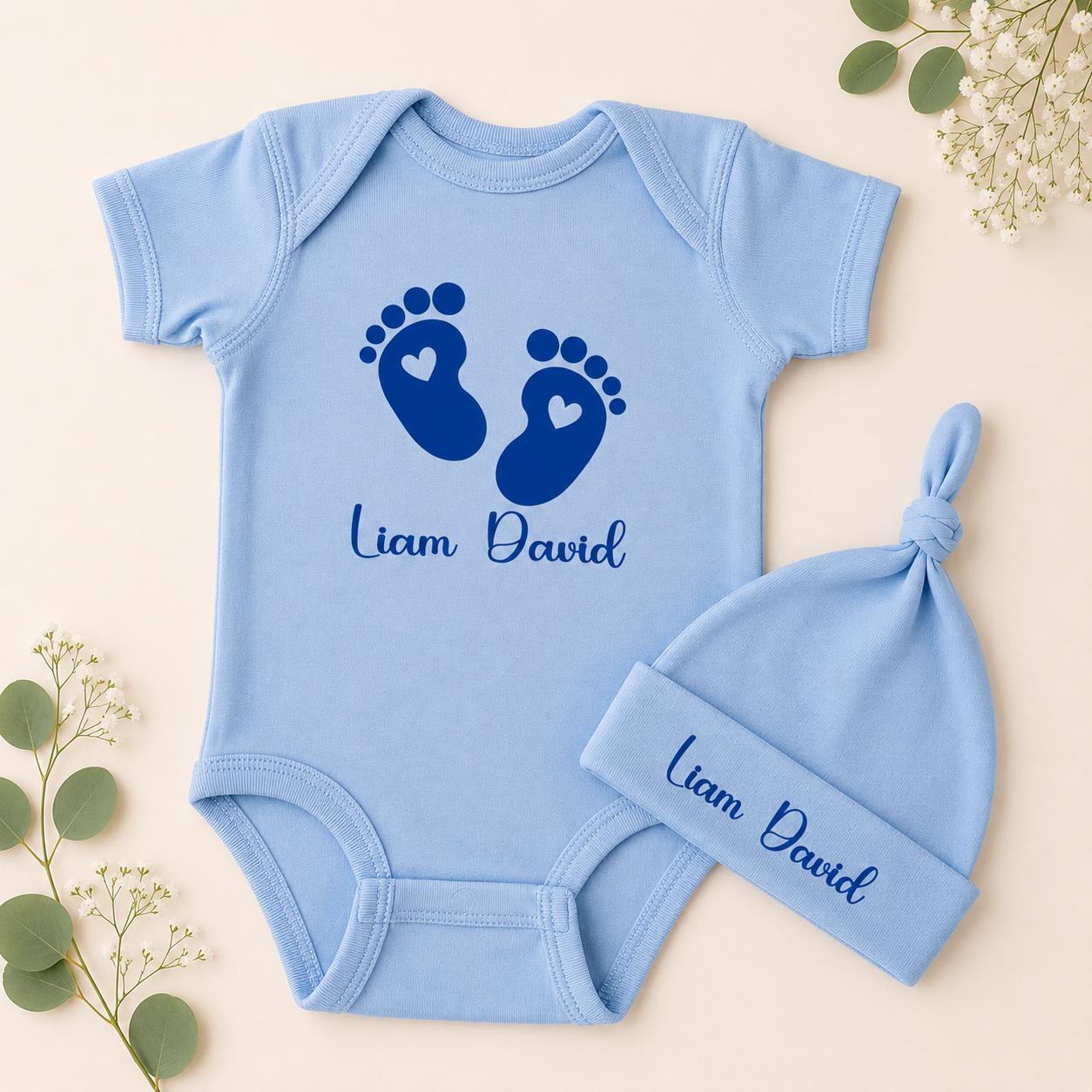 Personalized Baby Footprint Onesie & Hat Set, Custom Newborn Outfit 0-3 Months, Baby Name Bodysuit, Baby Shower Gift