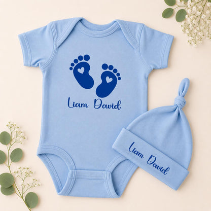 Personalized Baby Footprint Onesie & Hat Set, Custom Newborn Outfit 0-3 Months, Baby Name Bodysuit, Baby Shower Gift