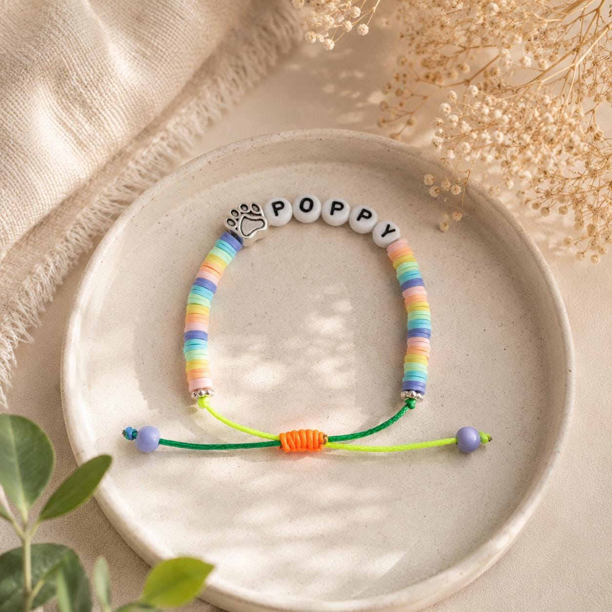 Pet Name Bracelet | Dog Mom Bracelet | Custom Name Memorial Bracelet | Paw Print Friendship Bracelet | Adjustable Handmade Pet Lover Gift
