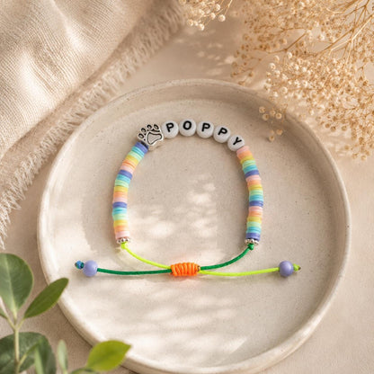 Pet Name Bracelet | Dog Mom Bracelet | Custom Name Memorial Bracelet | Paw Print Friendship Bracelet | Adjustable Handmade Pet Lover Gift