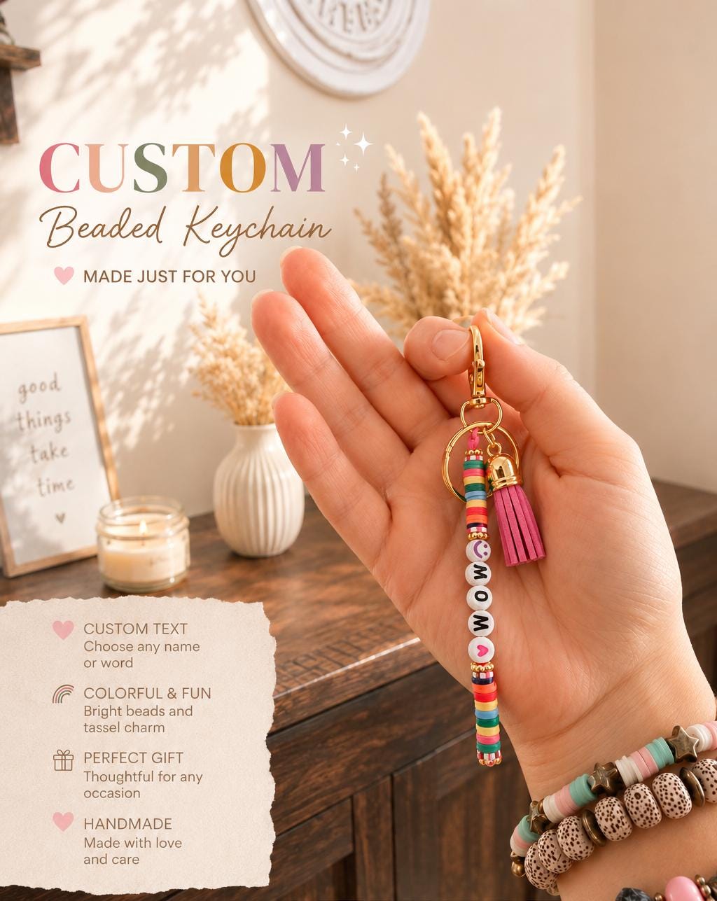Custom Beaded Keychain with Tassel, Personalized Name Keychain, Backpack Charm, Purse Accessory, Back to School Gift
