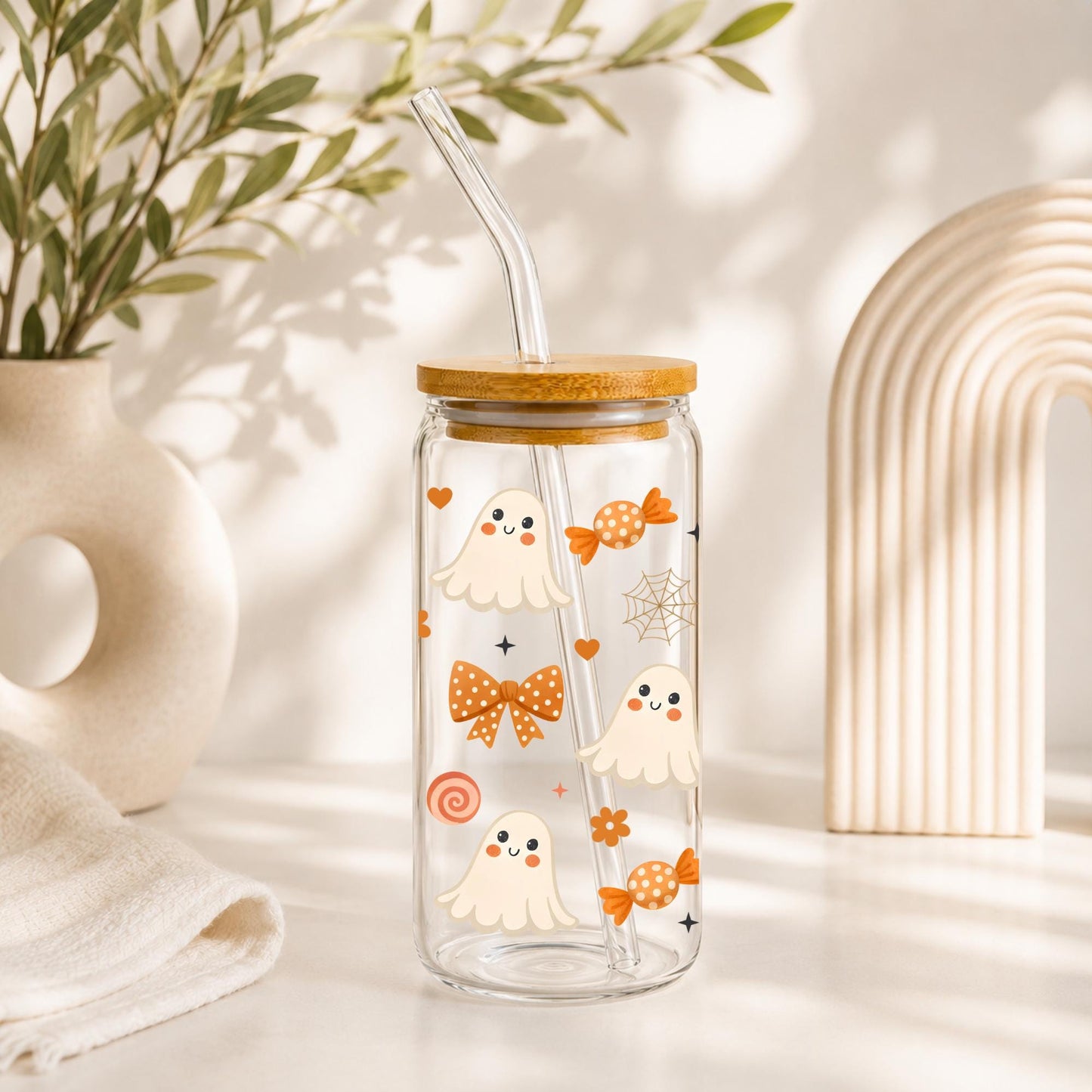 Halloween Glass Cup 20oz with Bamboo Lid and Glass Straw, Cute Ghost Pumpkin Libbey, Reusable Iced Coffee Glass Can, Spooky Season Cups