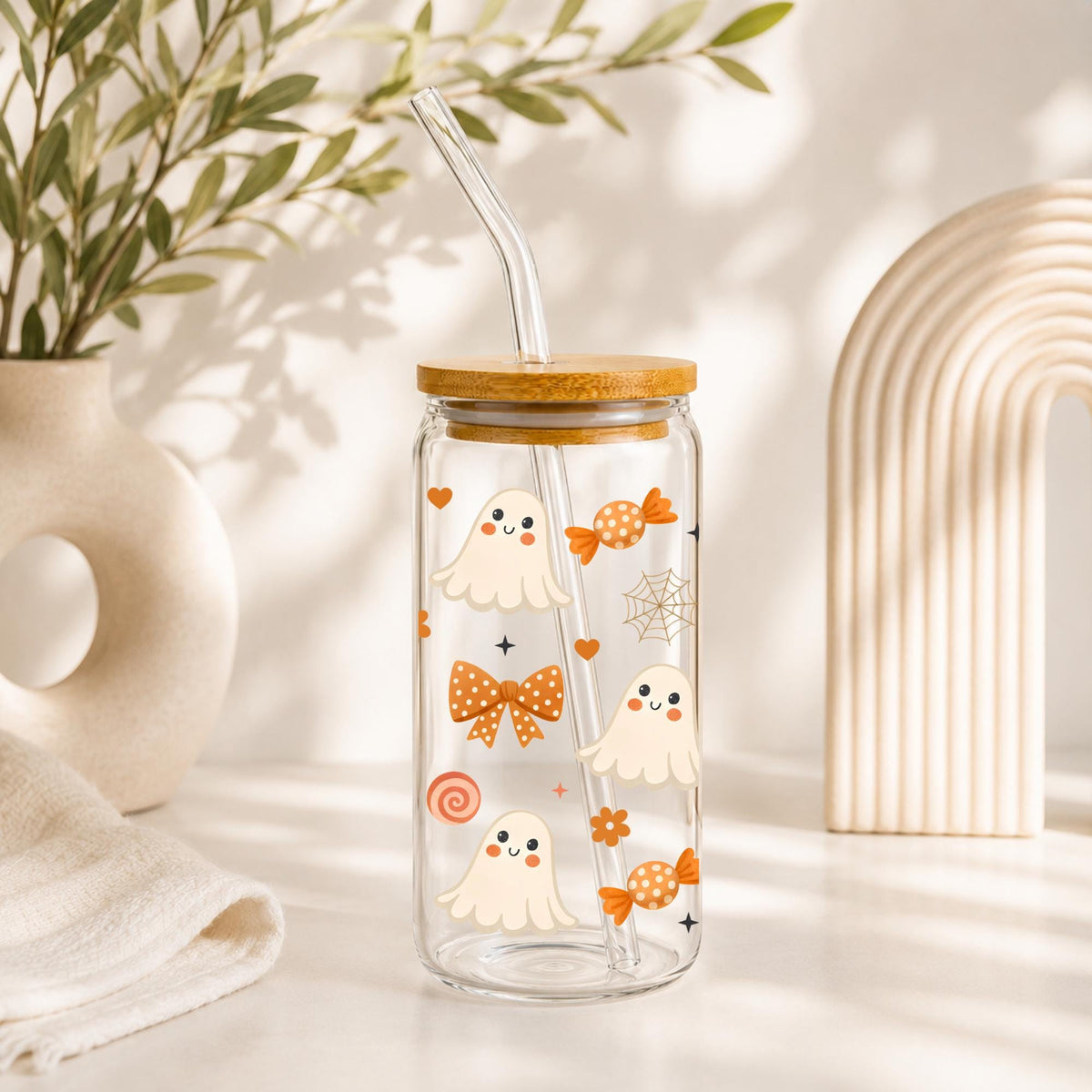 Halloween Glass Cup 20oz with Bamboo Lid and Glass Straw, Cute Ghost Pumpkin Libbey, Reusable Iced Coffee Glass Can, Spooky Season Cups