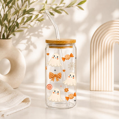 Halloween Glass Cup 20oz with Bamboo Lid and Glass Straw, Cute Ghost Pumpkin Libbey, Reusable Iced Coffee Glass Can, Spooky Season Cups