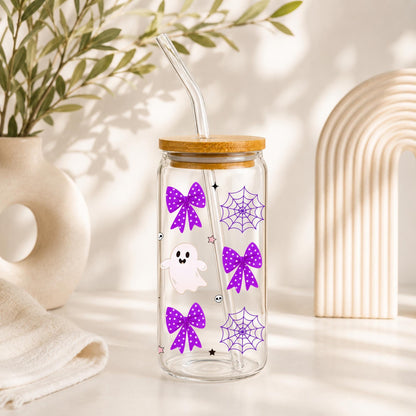 Halloween Glass Cup 20oz with Bamboo Lid and Glass Straw, Cute Ghost Pumpkin Libbey, Reusable Iced Coffee Glass Can, Spooky Season Cups