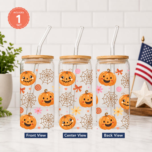 Halloween Glass Cup 20oz with Bamboo Lid and Glass Straw, Cute Ghost Pumpkin Libbey, Reusable Iced Coffee Glass Can, Spooky Season Cups