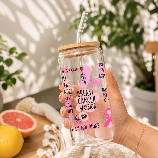 20oz breast cancer warrior glass cup with pink ribbon design bamboo lid and reusable glass straw inspirational breast cancer awareness gift