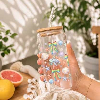Sea Turtle Glass Cup 20oz with Bamboo Lid and Glass Straw, Coastal Coquette Tumbler with Rainbow Bows, Seashells & Starfish, Cute Ocean Cup