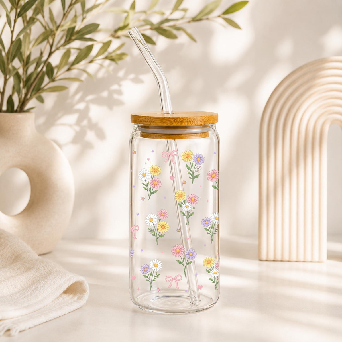 Daisy Coquette Glass Cup with Bows, Floral Iced Coffee Tumbler with Bamboo Lid and Straw