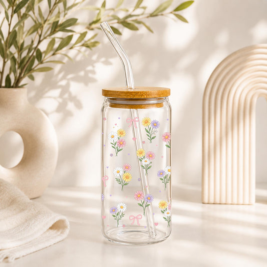 Daisy Coquette Glass Cup with Bows, Floral Iced Coffee Tumbler with Bamboo Lid and Straw