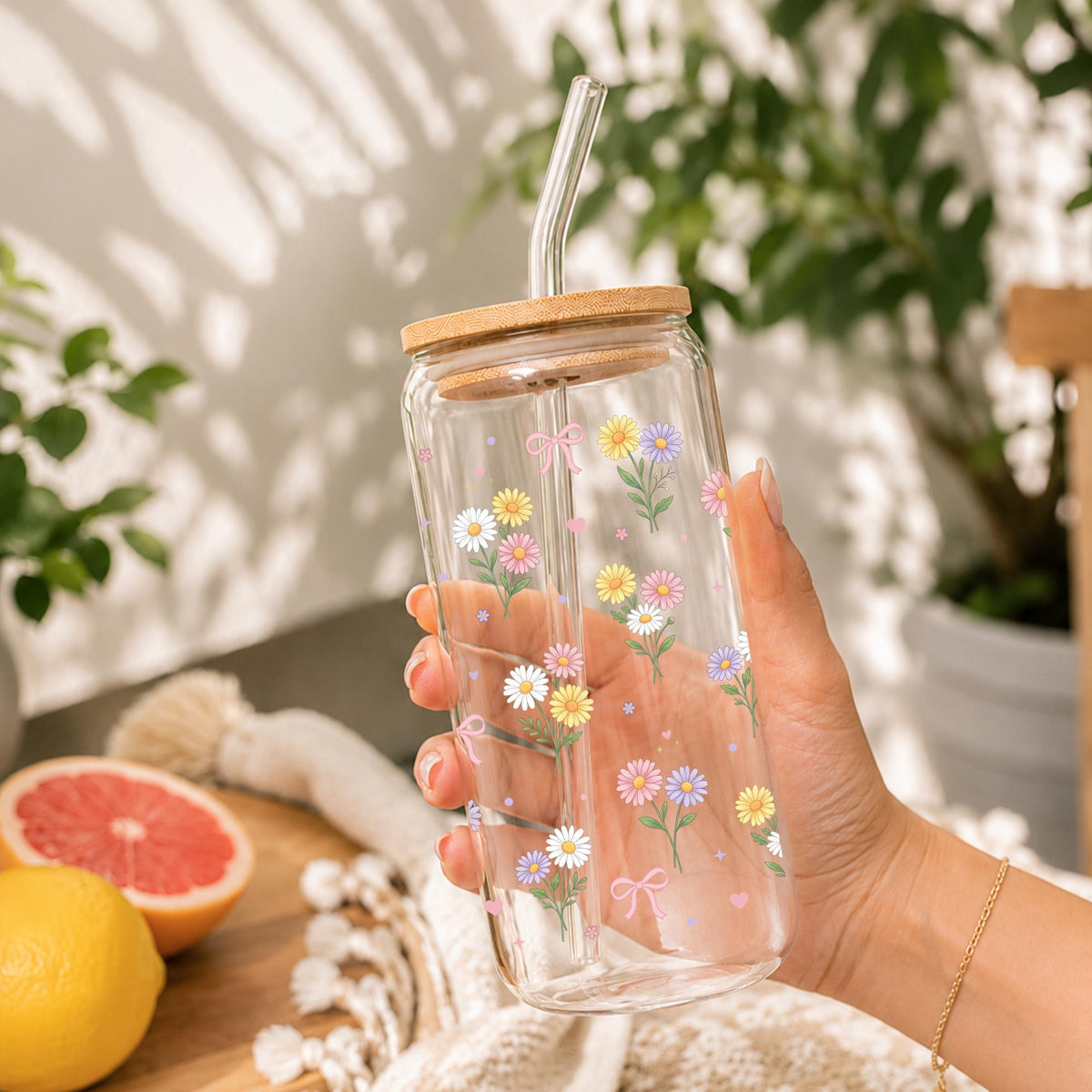 Daisy Coquette Glass Cup with Bows, Floral Iced Coffee Tumbler with Bamboo Lid and Straw
