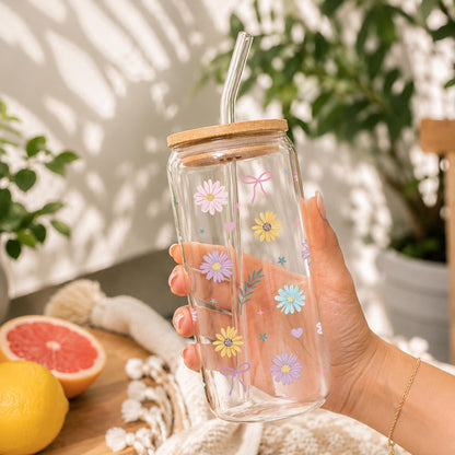 Daisy Coquette Glass Cup with Bows, Floral Iced Coffee Tumbler with Bamboo Lid and Straw