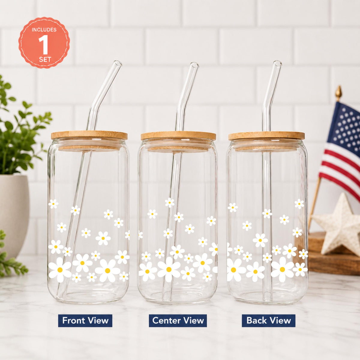 Daisy Coquette Glass Cup with Bows, Floral Iced Coffee Tumbler with Bamboo Lid and Straw
