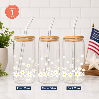 Daisy Coquette Glass Cup with Bows, Floral Iced Coffee Tumbler with Bamboo Lid and Straw