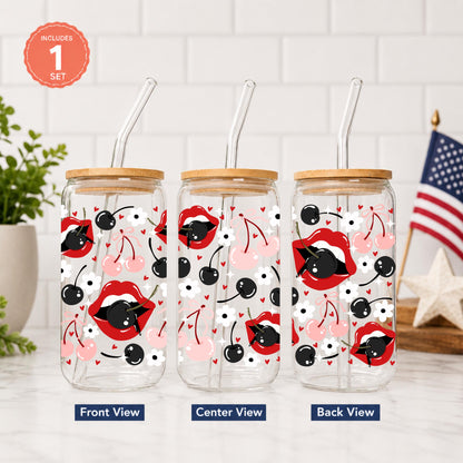 Cherry Glass Cup with Bamboo Lid & Glass Straw, Cute Cherry Aesthetic Cup, Coquette Iced Coffee Glass, 20oz Glass Can, Cherry Lover Gift